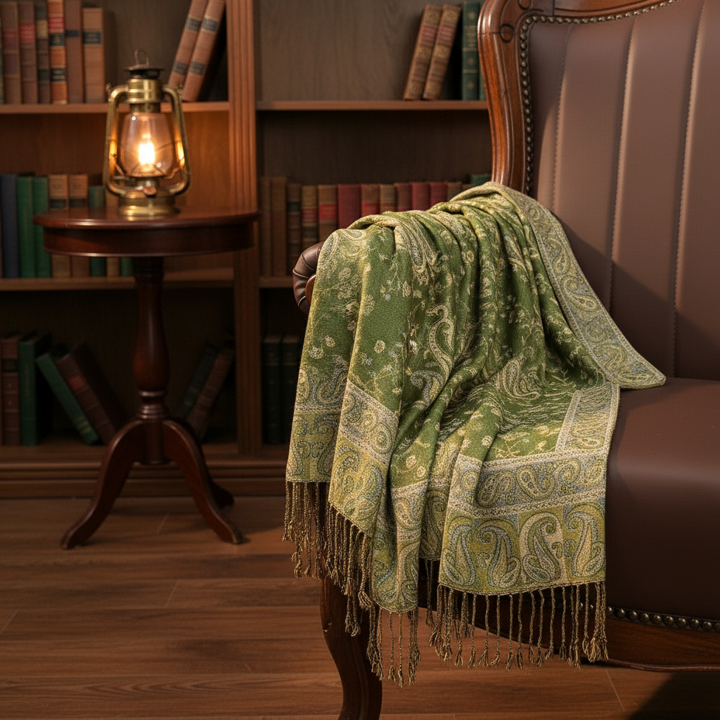 Green Pashmina Paisley Scarf in elegant setting